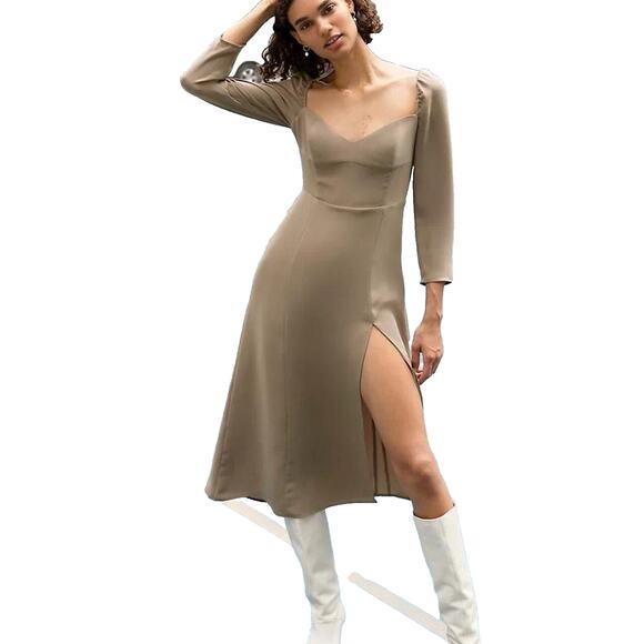 Wilfred Aritzia Tulum Midi Dress Women's Size 2 High Slit Sweetheart Neck Taupe - Picture 1 of 8
